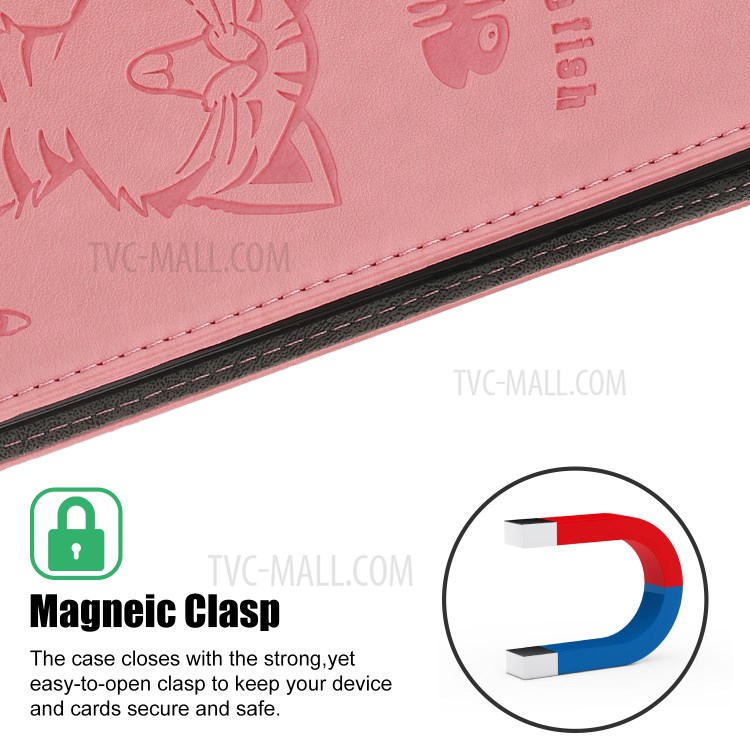 Imprint Cat and Fishbone Pattern Leather Wallet Covering for iPhone 12 5.4-inch - Pink-9