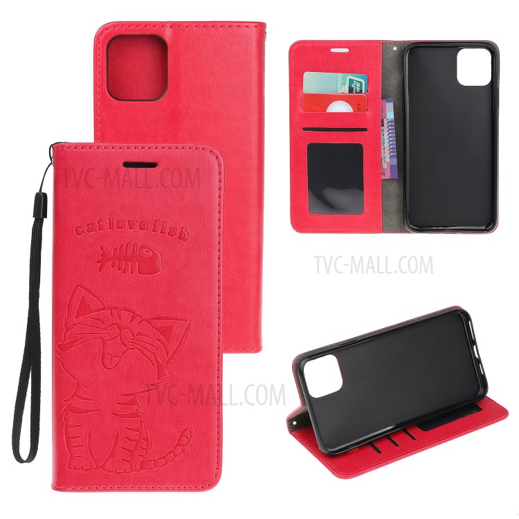 Imprint Cat and Fishbone Pattern Leather Wallet Covering for iPhone 12 Pro Max 6.7-inch - Red-1
