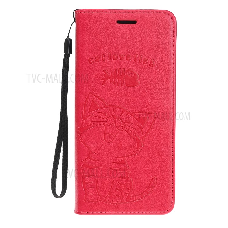 Imprint Cat and Fishbone Pattern Leather Wallet Covering for iPhone 12 Pro Max 6.7-inch - Red-2