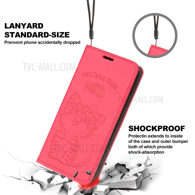 Imprint Cat and Fishbone Pattern Leather Wallet Covering for iPhone 12 Pro Max 6.7-inch - Red-6