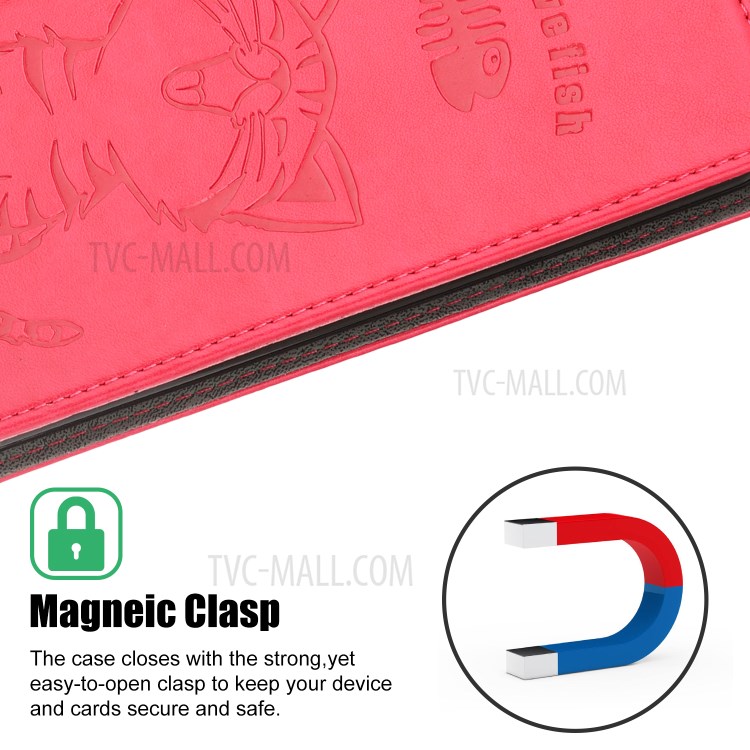 Imprint Cat and Fishbone Pattern Leather Wallet Covering for iPhone 12 Pro Max 6.7-inch - Red-9