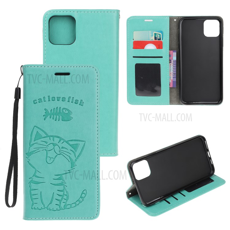 Imprint Cat and Fishbone Pattern Leather Wallet Cover for iPhone 12 Pro 6.1-inch - Cyan-1