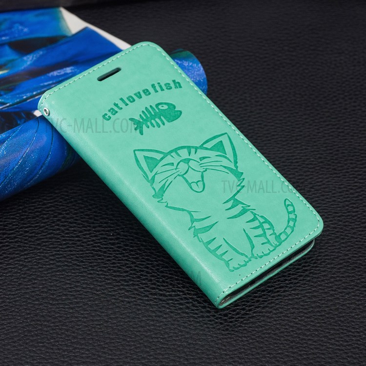 Imprint Cat and Fishbone Pattern Leather Wallet Cover for iPhone 12 Pro 6.1-inch - Cyan-10