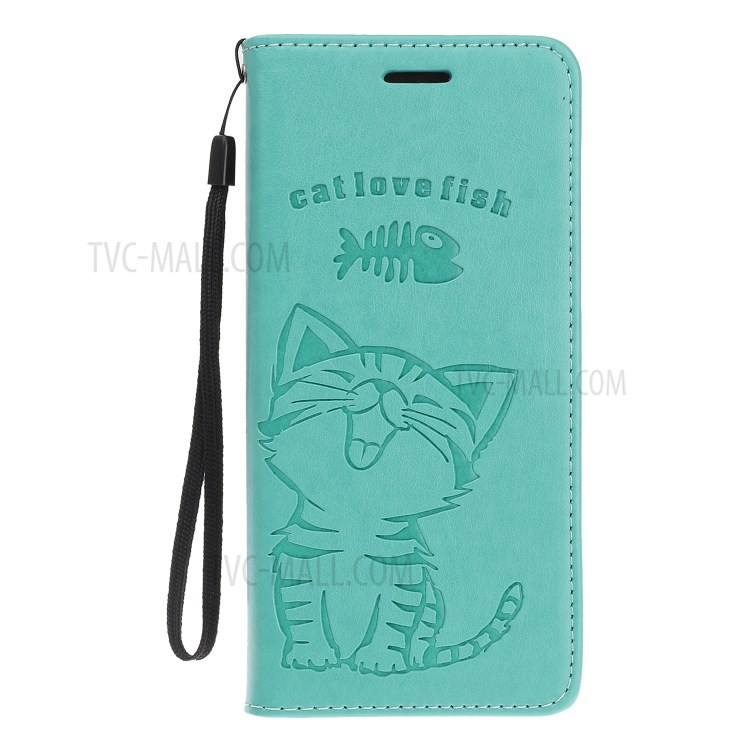 Imprint Cat and Fishbone Pattern Leather Wallet Cover for iPhone 12 Pro 6.1-inch - Cyan-2