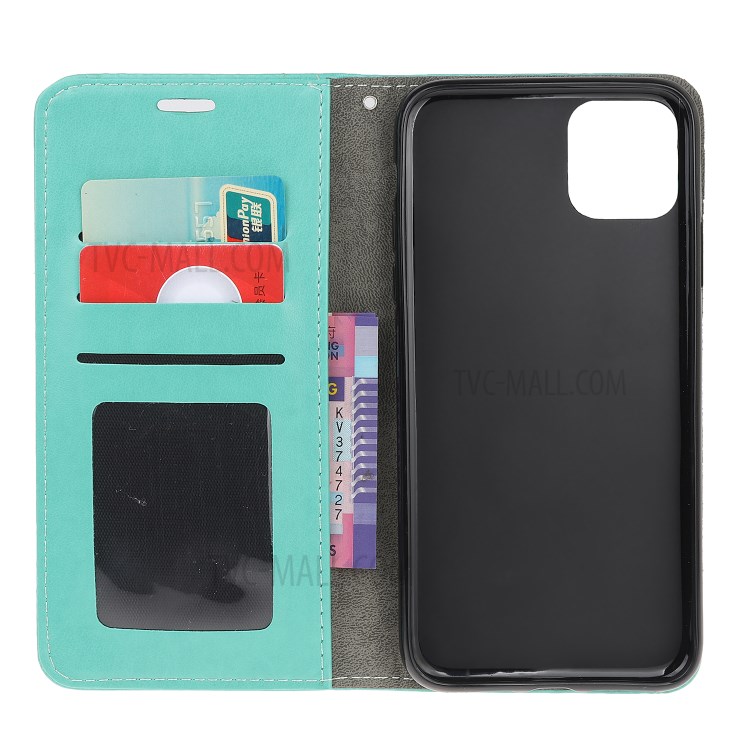 Imprint Cat and Fishbone Pattern Leather Wallet Cover for iPhone 12 Pro 6.1-inch - Cyan-5