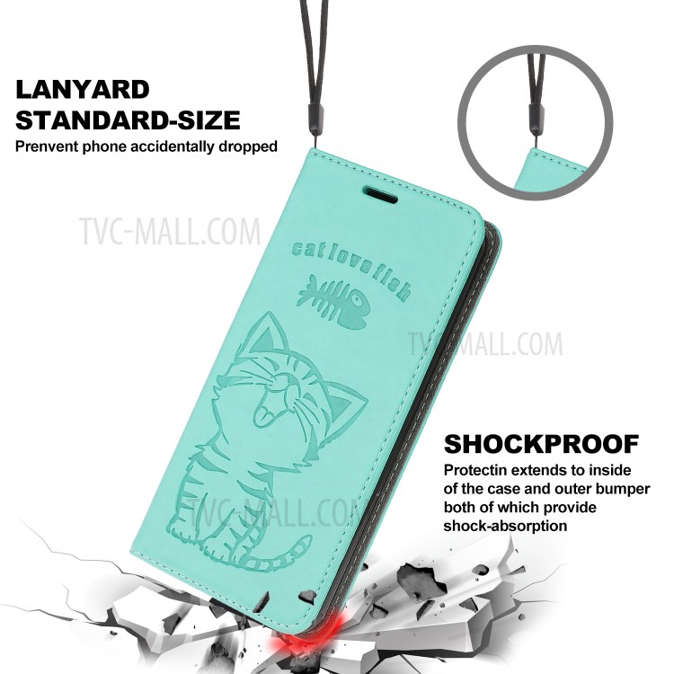 Imprint Cat and Fishbone Pattern Leather Wallet Cover for iPhone 12 Pro 6.1-inch - Cyan-6