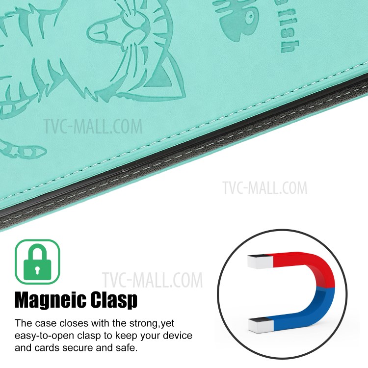 Imprint Cat and Fishbone Pattern Leather Wallet Cover for iPhone 12 Pro 6.1-inch - Cyan-9