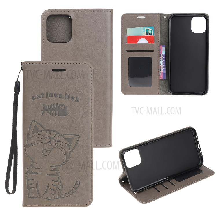 Imprint Cat and Fishbone Pattern Leather Wallet Cover for iPhone 12 Pro 6.1-inch - Grey-1