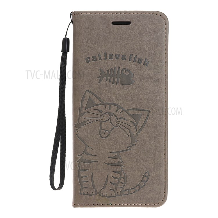 Imprint Cat and Fishbone Pattern Leather Wallet Cover for iPhone 12 Pro 6.1-inch - Grey-2