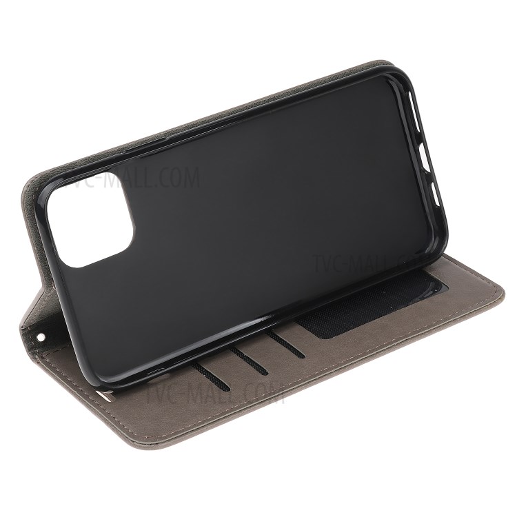 Imprint Cat and Fishbone Pattern Leather Wallet Cover for iPhone 12 Pro 6.1-inch - Grey-4