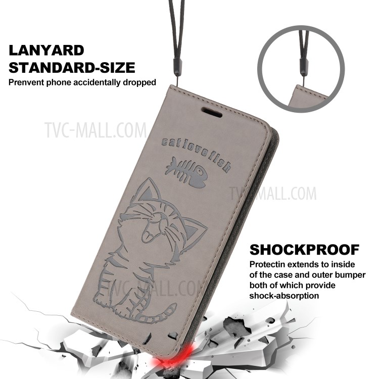Imprint Cat and Fishbone Pattern Leather Wallet Cover for iPhone 12 Pro 6.1-inch - Grey-9