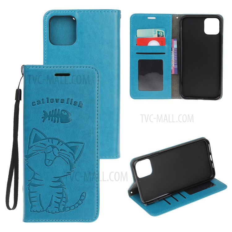 Imprint Cat and Fishbone Pattern Leather Wallet Cover for iPhone 12 Pro 6.1-inch - Baby Blue-1