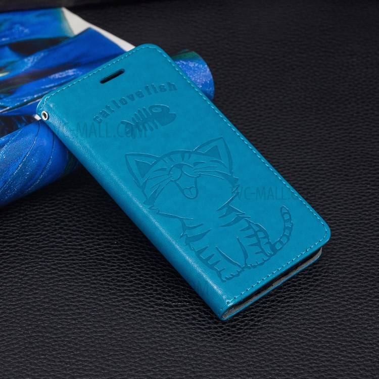 Imprint Cat and Fishbone Pattern Leather Wallet Cover for iPhone 12 Pro 6.1-inch - Baby Blue-10