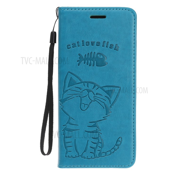 Imprint Cat and Fishbone Pattern Leather Wallet Cover for iPhone 12 Pro 6.1-inch - Baby Blue-2