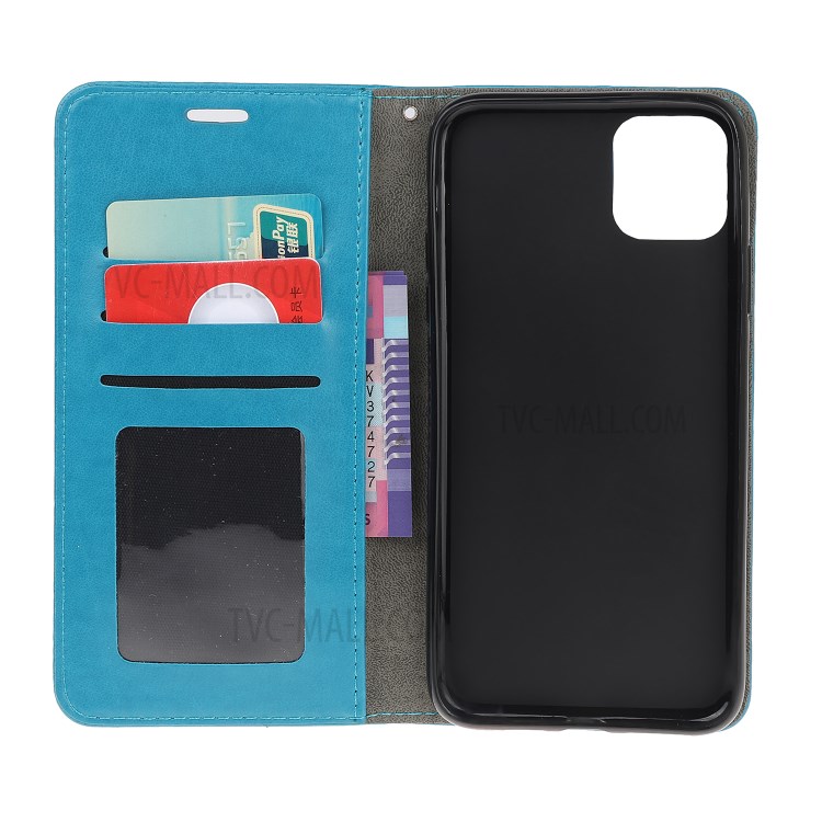 Imprint Cat and Fishbone Pattern Leather Wallet Cover for iPhone 12 Pro 6.1-inch - Baby Blue-5