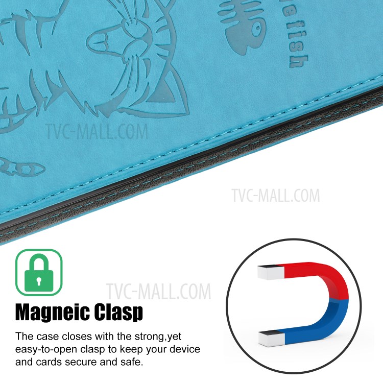 Imprint Cat and Fishbone Pattern Leather Wallet Cover for iPhone 12 Pro 6.1-inch - Baby Blue-6