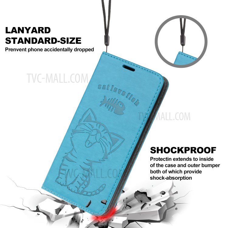 Imprint Cat and Fishbone Pattern Leather Wallet Cover for iPhone 12 Pro 6.1-inch - Baby Blue-9