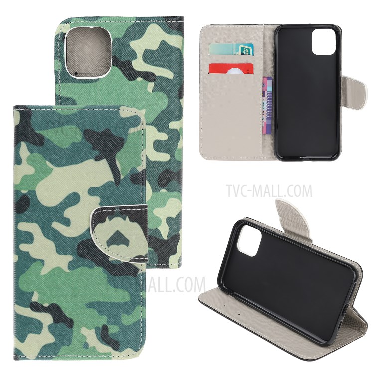 Cross Texture Pattern Printing Wallet Leather Cover Casing for iPhone 12 Pro 6.1-inch - Camouflage-1