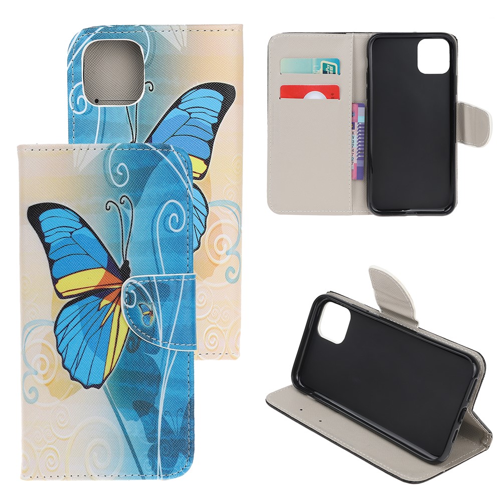 Cross Texture Pattern Printing Wallet Leather Cover Casing for iPhone 12 Pro 6.1-inch - Blue Butterfly-1