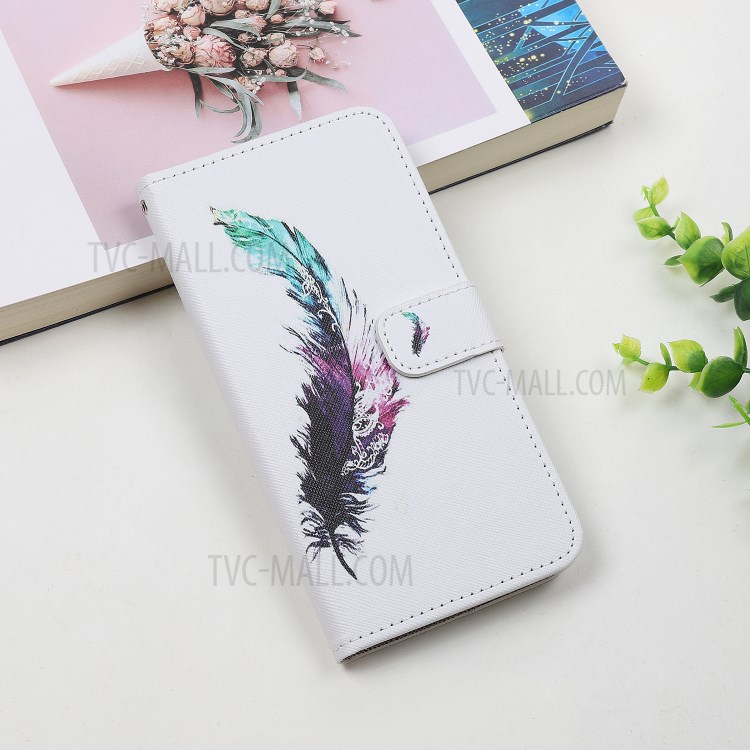 Cross Texture Pattern Printing Wallet Leather Phone Casing for iPhone 12 5.4-inch - Feather-8