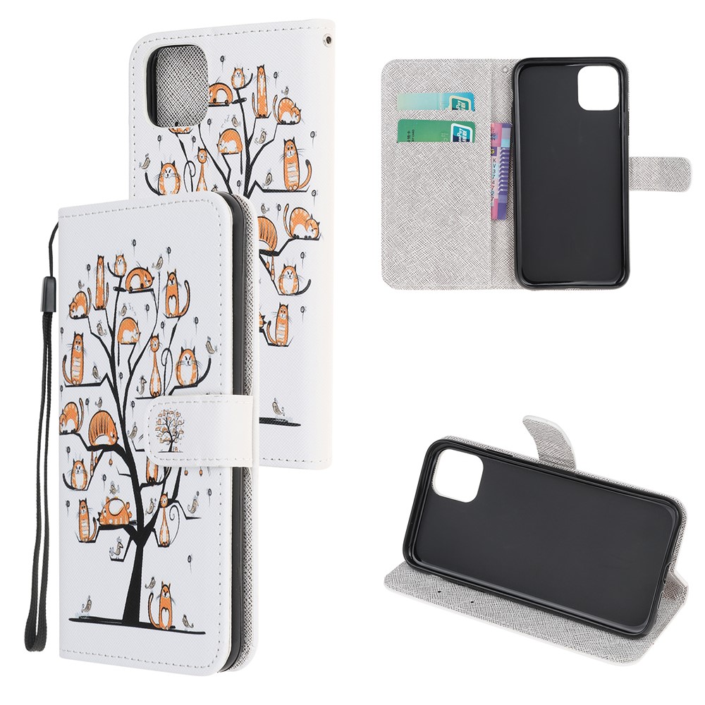 Cross Texture Pattern Printing Wallet Leather Phone Casing for iPhone 12 mini - Cat Standing on the Tree-1