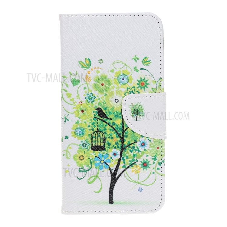 Pattern Printing Shell Leather Cover for iPhone 12 5.4 inch - Green Tree with Birdcage-2