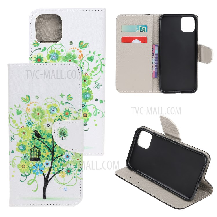 Cross Texture Printing Wallet Leather Case for iPhone 12 Max 6.1 inch - Green Tree-1