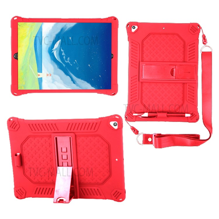 Kickstand PC Soft Silicone Case with Hanging Rope for Apple iPad 10.2 (2020)(2019)/Air 10.5 inch (2019) - Red-6
