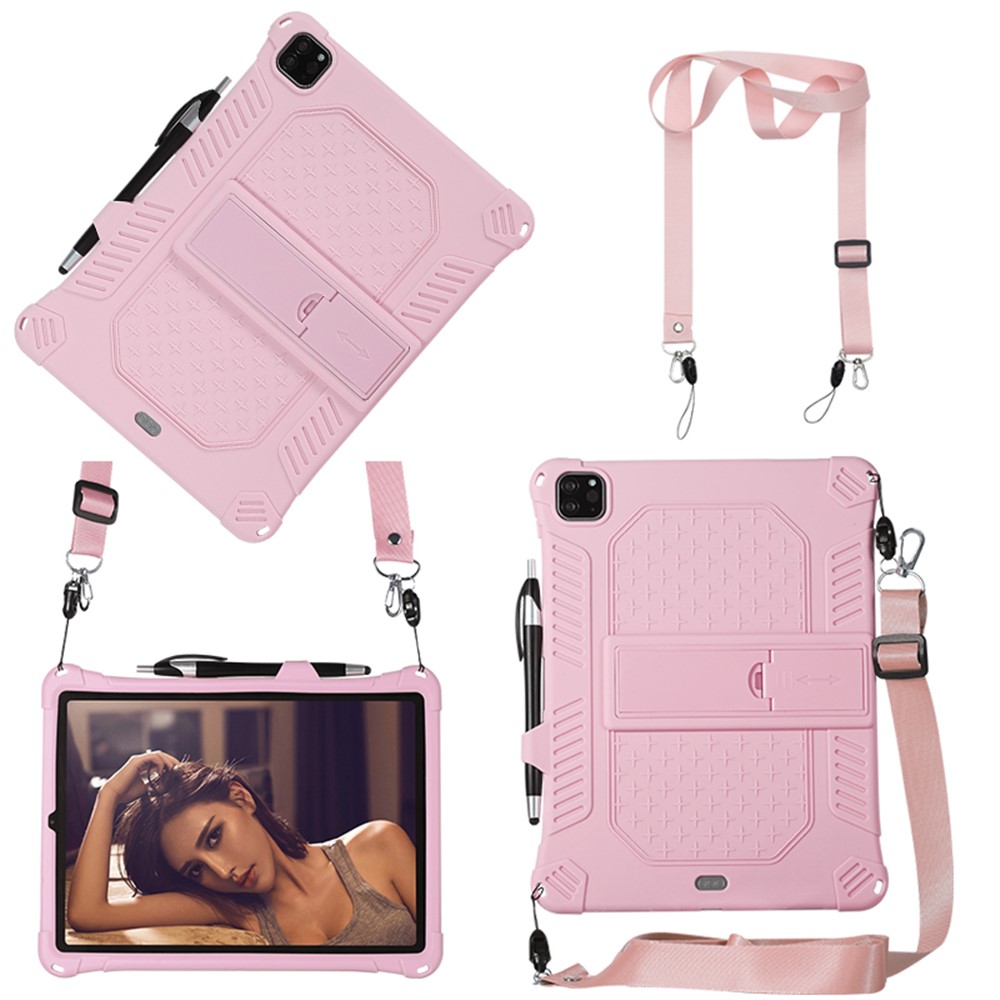 Case de Silicone Souple de Kickstand PC Avec Lonyard Pour Ipad Air (2020) / Air (2022) / Pro 11-pouces (2021) (2020) (2018) - Rose