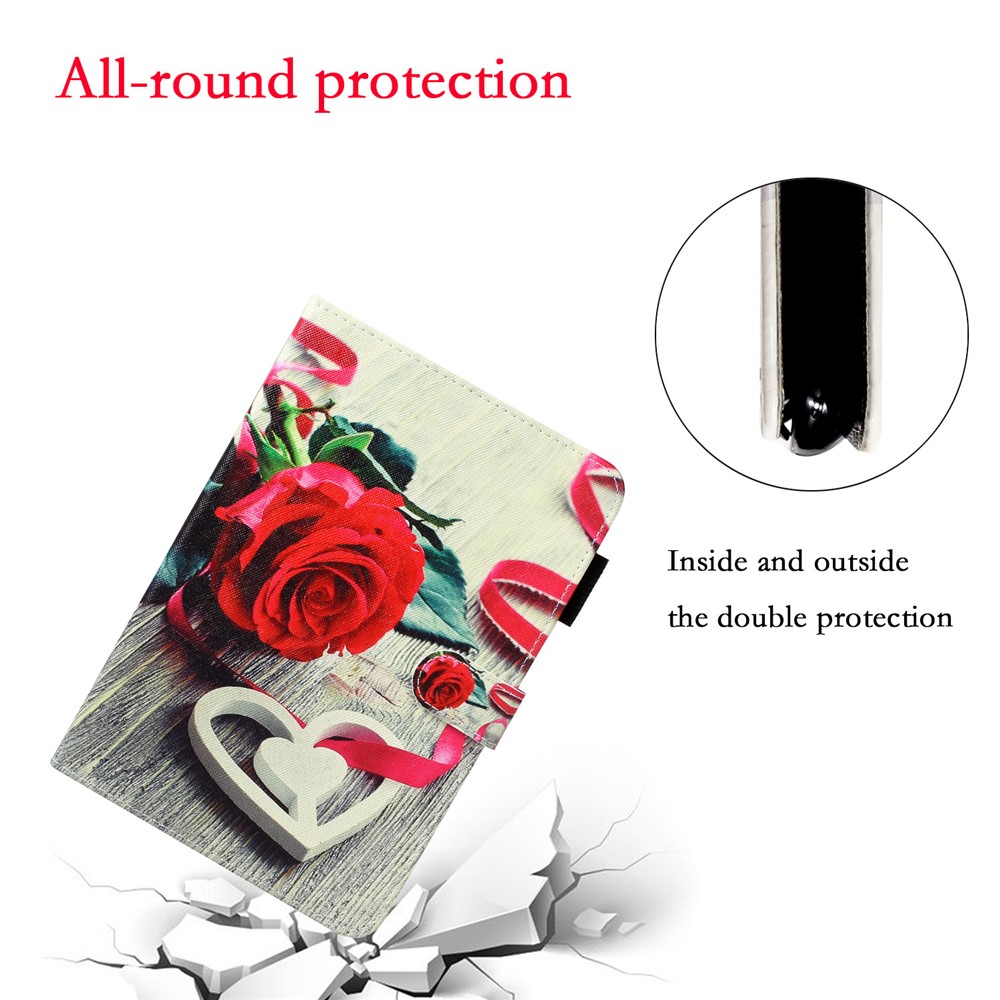 Pattern Printing Leather Wallet Case for iPad 9.7-inch (2018) / 9.7-inch (2017) / Pro 9.7 inch (2016) / Air 2 / Air (2013) - Red Rose and Heart-4