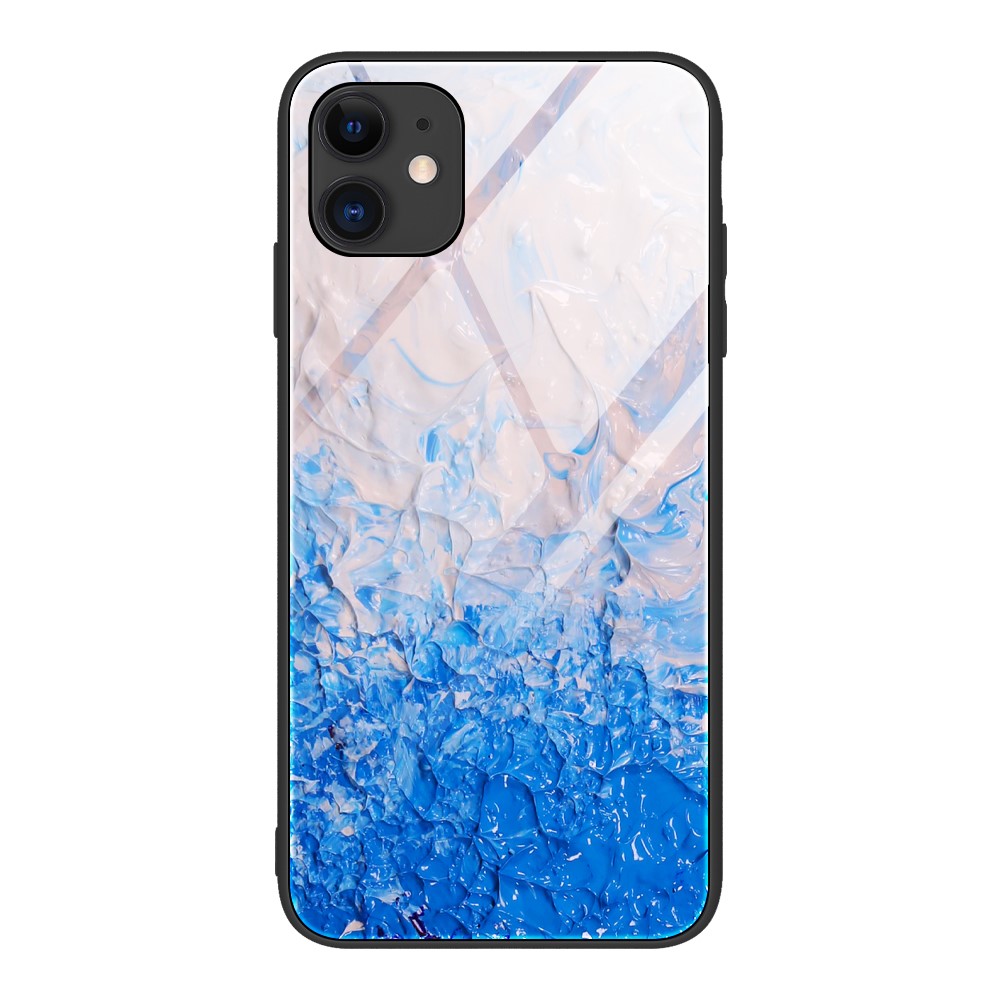 Marble Skin Tempered Glass + TPU Shell for iPhone 12 Pro/12 Max 6.1 inch - Blue Oil Painting-1