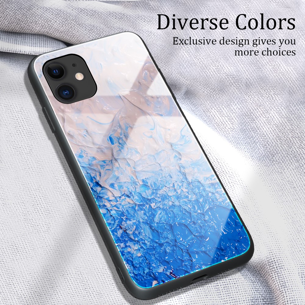 Marble Skin Tempered Glass + TPU Shell for iPhone 12 Pro/12 Max 6.1 inch - Blue Oil Painting-2
