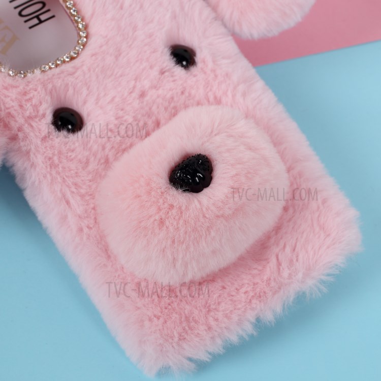 Cell Phone Case Bear Pattern Fluffy Fur Coated TPU Cover for iPhone 12 Pro 6.1 inch - Pink-3