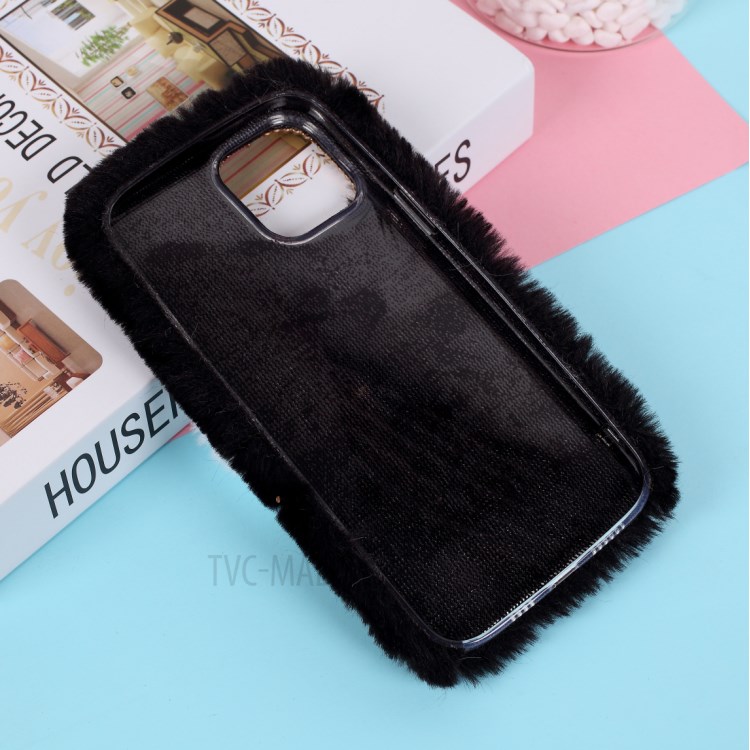 Heart Decor Soft Fur Coated TPU Phone Case Shell for iPhone 12 Pro 6.1-inch - Black-4