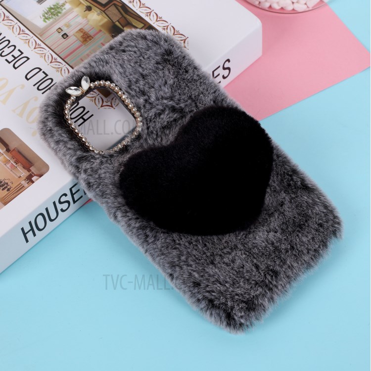 Heart Decor Soft Fur Coated TPU Phone Case Shell for iPhone 12 Pro 6.1-inch - Grey-1