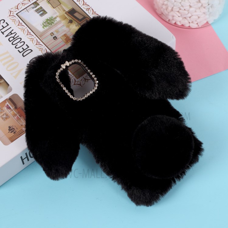 Adorable Long Ears Rabbit Shape Fur Coated Soft TPU Phone Case for Apple iPhone 12 5.4 inch - Black-1