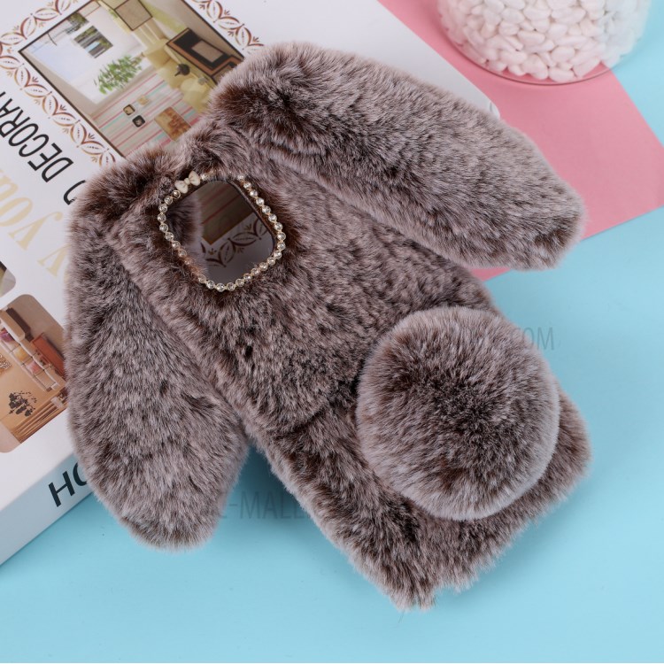 Adorable Long Ears Rabbit Shape Fur Coated Soft TPU Phone Case for Apple iPhone 12 5.4 inch - Brown-1