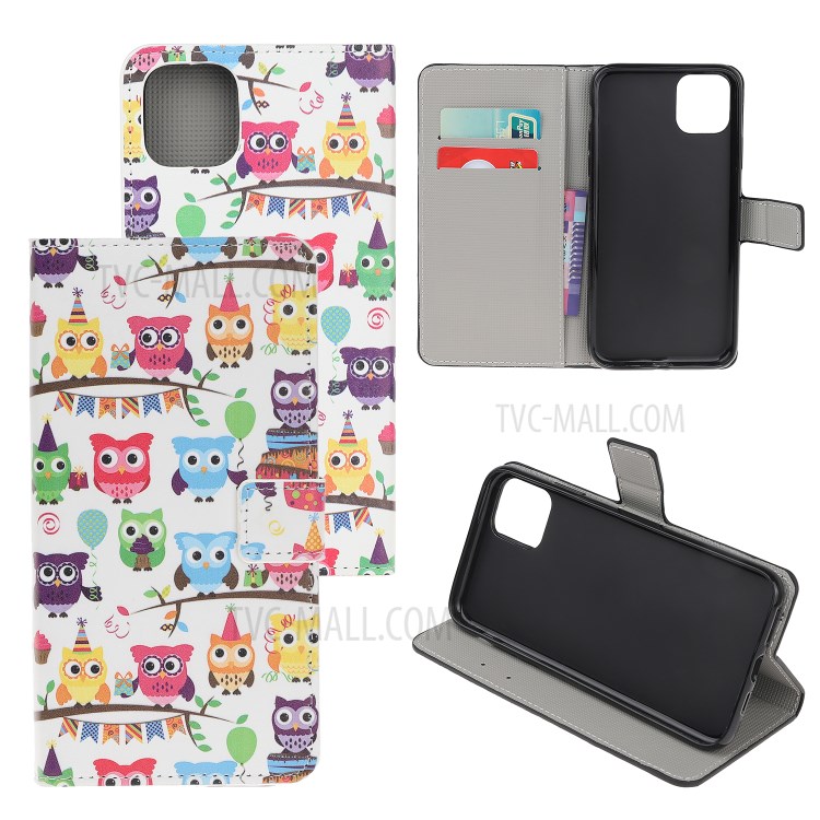 Pattern Printing PU Leather Wallet Stand Phone Shell for iPhone 12 Max 6.1 inch - Colorful Owls-1
