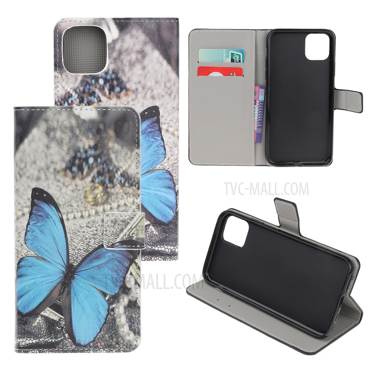 Pattern Printing PU Leather Wallet Stand Phone Cover for iPhone 12 Pro 6.1 inch - Blue Butterflies-1