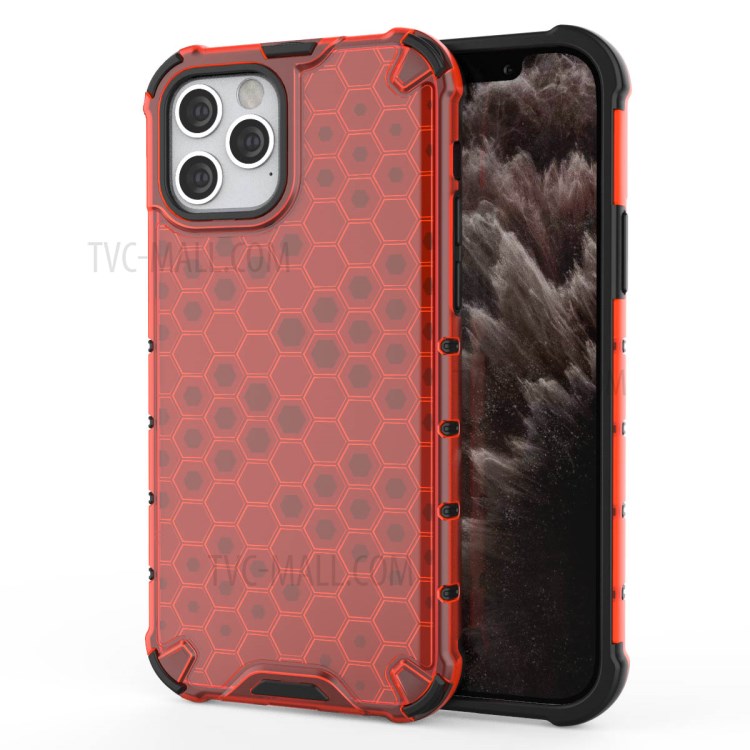 Honeycomb Pattern Shock-proof TPU + PC Hybrid Case for iPhone 12 Max/Pro 6.1 inch - Red-1