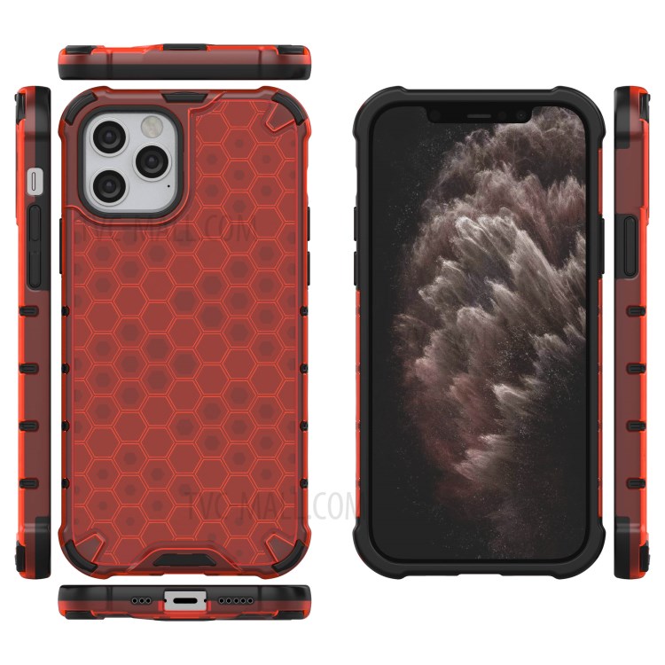 Honeycomb Pattern Shock-proof TPU + PC Hybrid Case for iPhone 12 Max/Pro 6.1 inch - Red-2