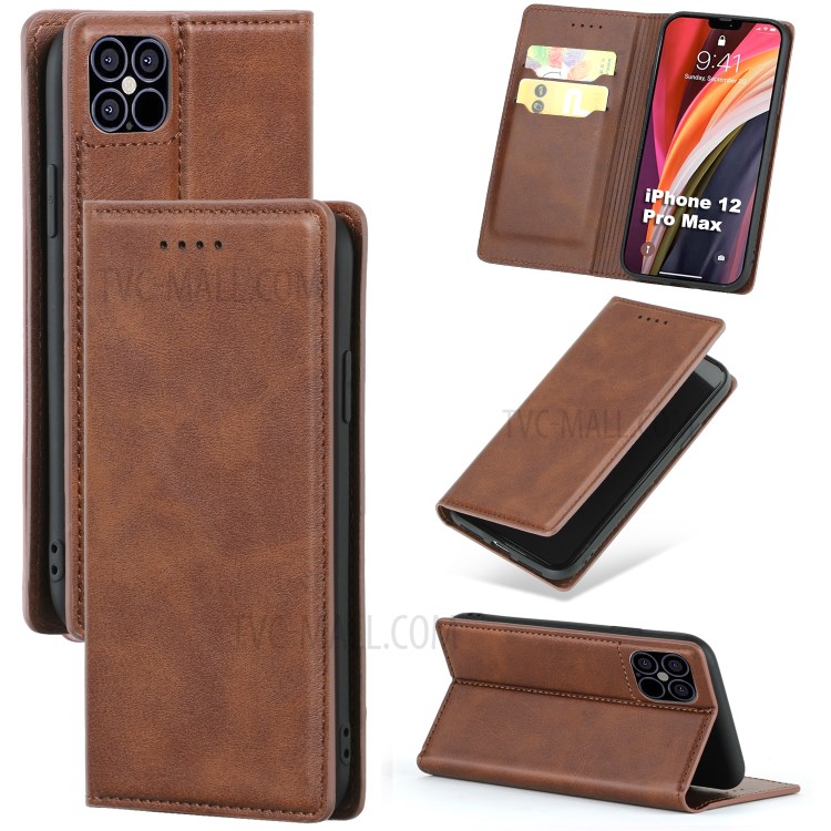 Auto-absorbed Leather Card Holder Phone Case for iPhone 12 mini - Coffee-1