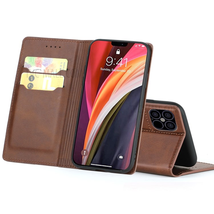 Auto-absorbed Leather Card Holder Phone Case for iPhone 12 mini - Coffee-6