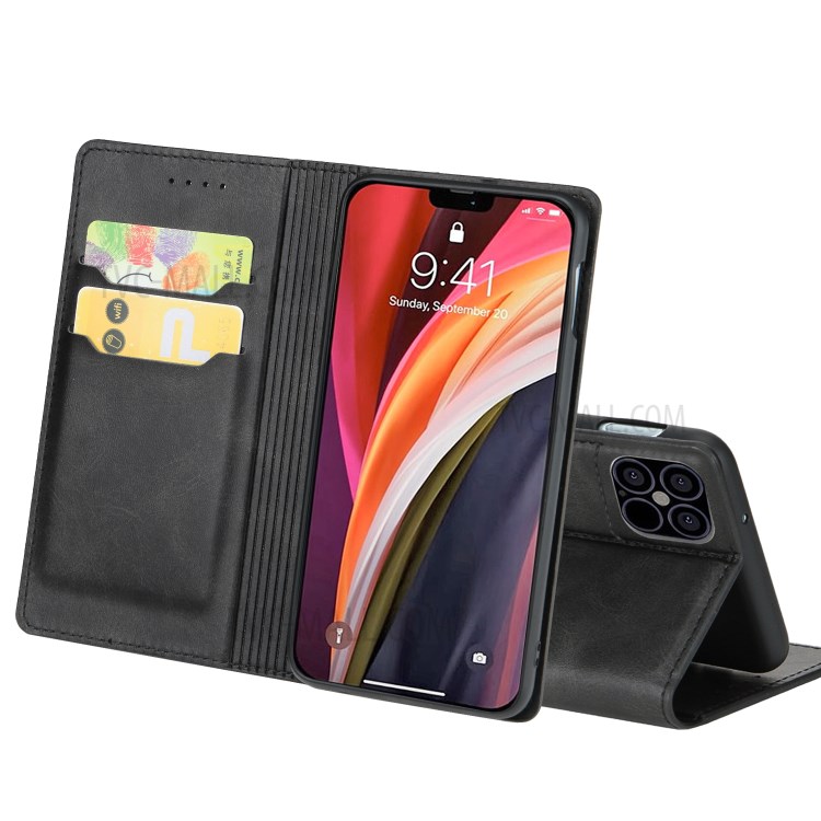 Auto-absorbed Leather Phone Case with Card Holder for iPhone 12 Max 6.1-inch - Black-6