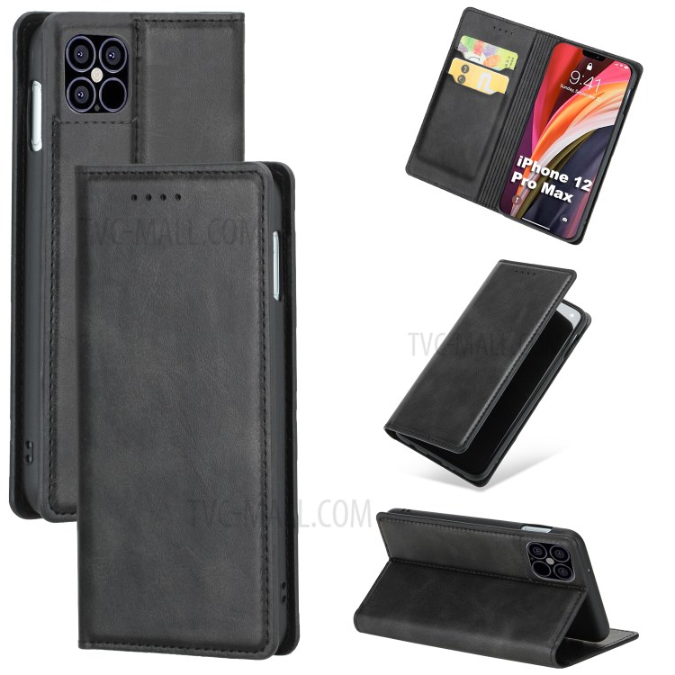 Auto-absorbed Leather Shell with Card Slots Stand for iPhone 12 Pro Max 6.7 inch - Black-1