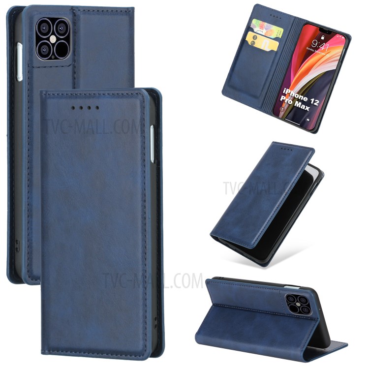 Auto-absorbed Leather Shell with Card Slots Stand for iPhone 12 Pro Max 6.7 inch - Blue-1