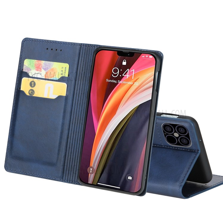 Auto-absorbed Leather Shell with Card Slots Stand for iPhone 12 Pro Max 6.7 inch - Blue-2