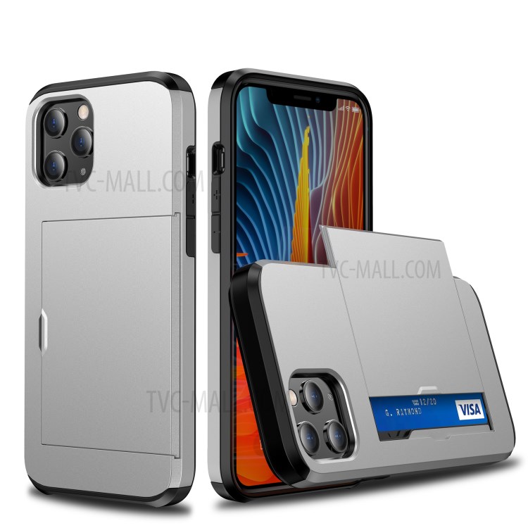 Slide Card Slot Plastic + TPU Hybrid Cover for iPhone 12 Pro Max 6.7 inch - Silver-1