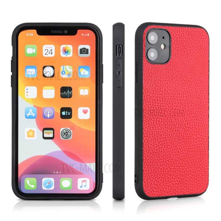 Litchi Texture Genuine Leather Coated PC + TPU Combo Shell for iPhone 12 Max/12 Pro 6.1 inch - Red-1