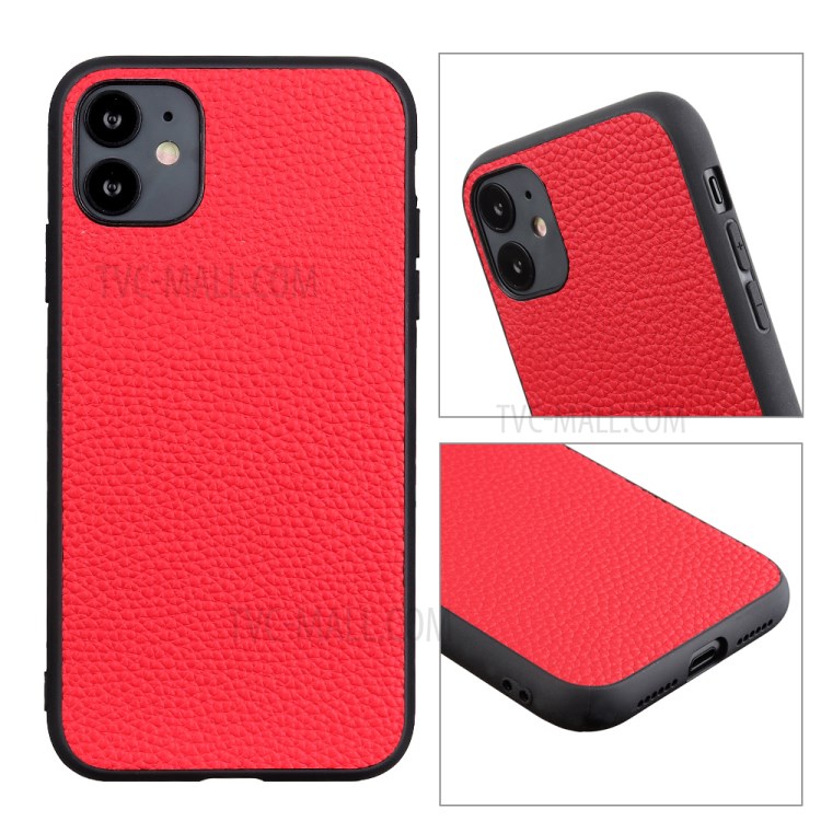 Litchi Texture Genuine Leather Coated PC + TPU Combo Shell for iPhone 12 Max/12 Pro 6.1 inch - Red-9